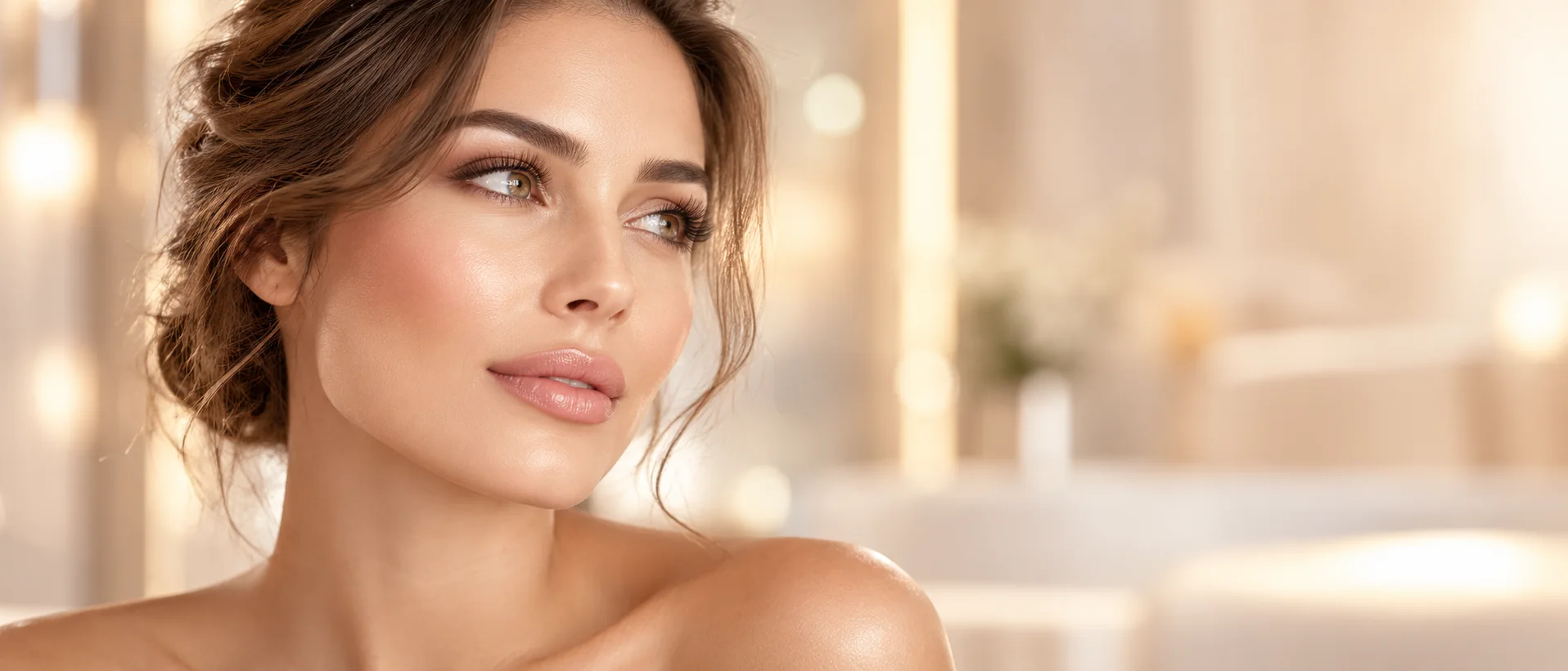 Woman in an elegant aesthetic clinic with facial features clearly visible